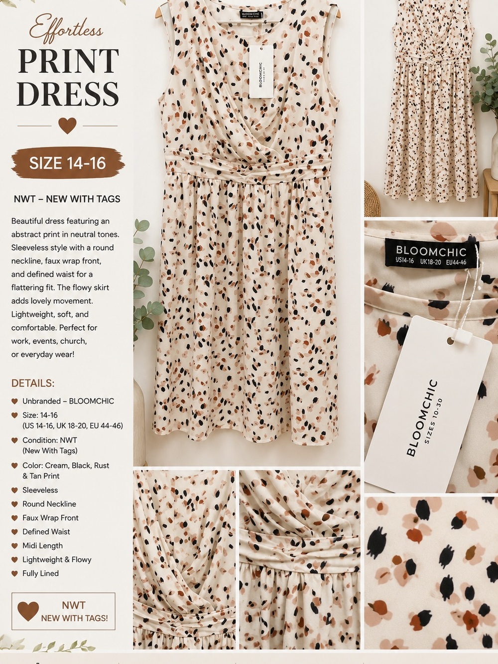 BloomChic Cream Sleeveless Faux-Wrap Dress with Black and Rust Spot Print